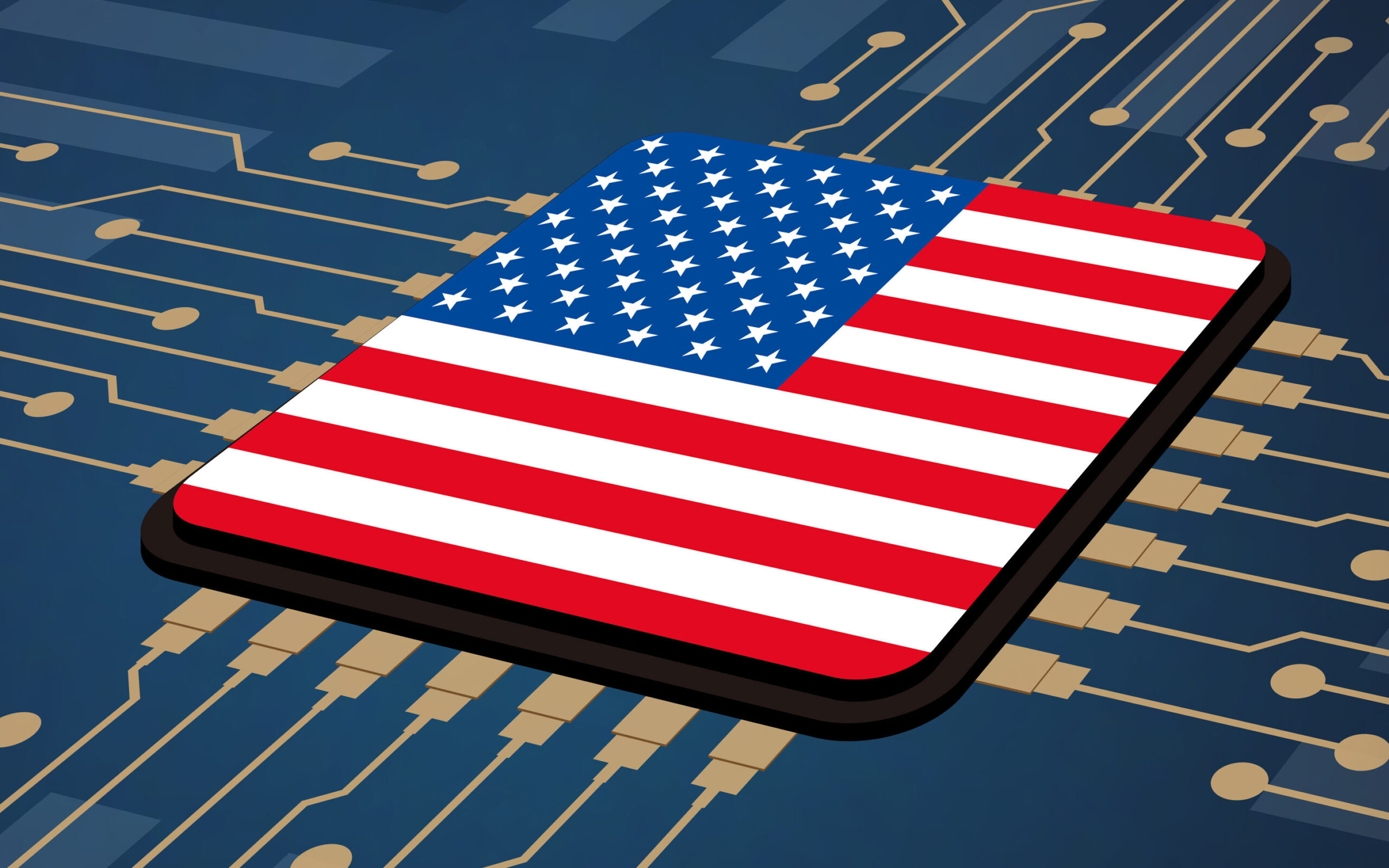American flag in the center of circuit board, Artificial intelligence of digital  illustration
